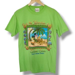 Disney Vintage Y2K Mickey Mouse No Worries Graphic Tee Size S Green Tropical Tee